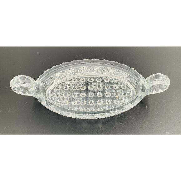 Imperial Glass Clear Dish Relish Nucut 2 Handle Small Oval Star Daisy Button 495 - Picture 11 of 11